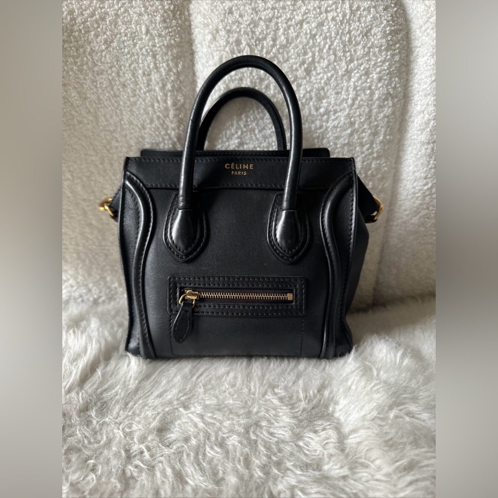 CELINE Phoebe Philo Luggage Nano Handbag Smooth Leather Black Gold Hardware Tote